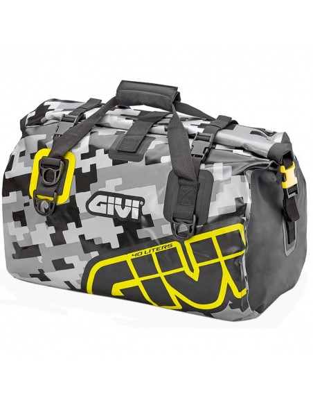 Saco Impermeable Givi EA115CM de 40 litros, camuflagem cinza e amarela.