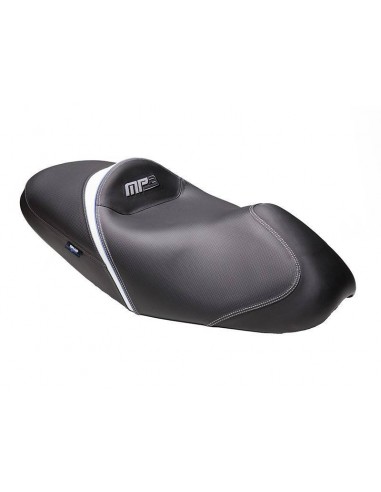 Asiento Shad Piaggio MP3 (07-13). Negro-blanco, costuras gris y azul